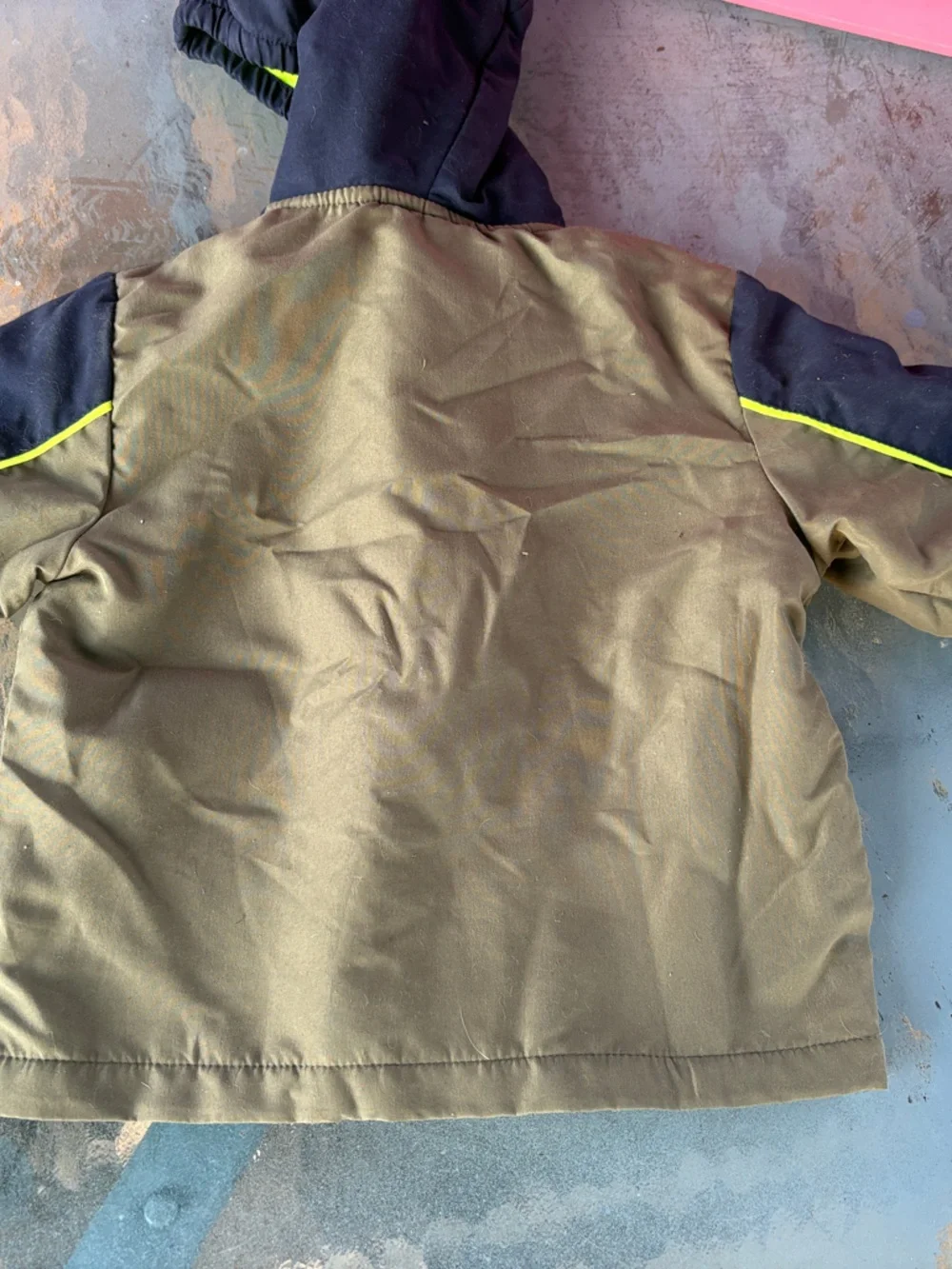 Kids Hooded One-Piece Jacket in Olive Green with Neon Trim
